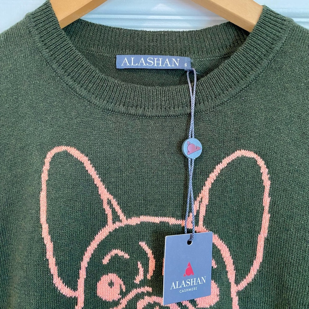NWT Alashan Frenchie Cotton Cashmere Blend Sweater Deep Olive Green Light Pink - Picture 5 of 6